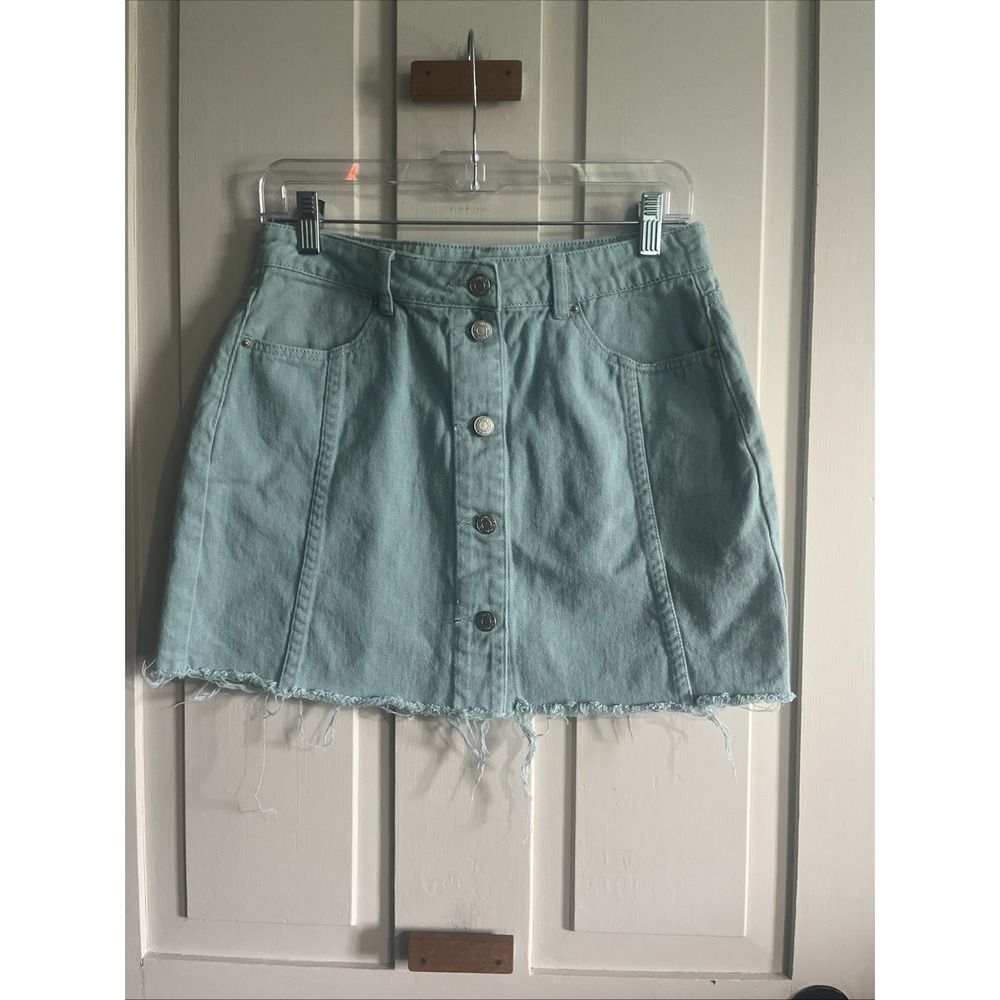 Blue Blush Sage Green Denim Mini Skirt Button Front Frayed Hem Women's Medium